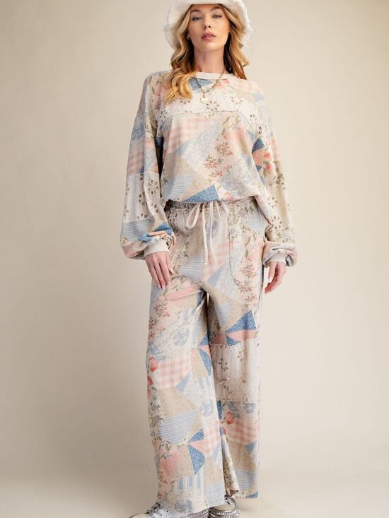 Easel Los Angeles Pants - EASEL PATCHWORK PRINT WASHED COTTON TERRY TOP PANTS SET white blue pink lounge